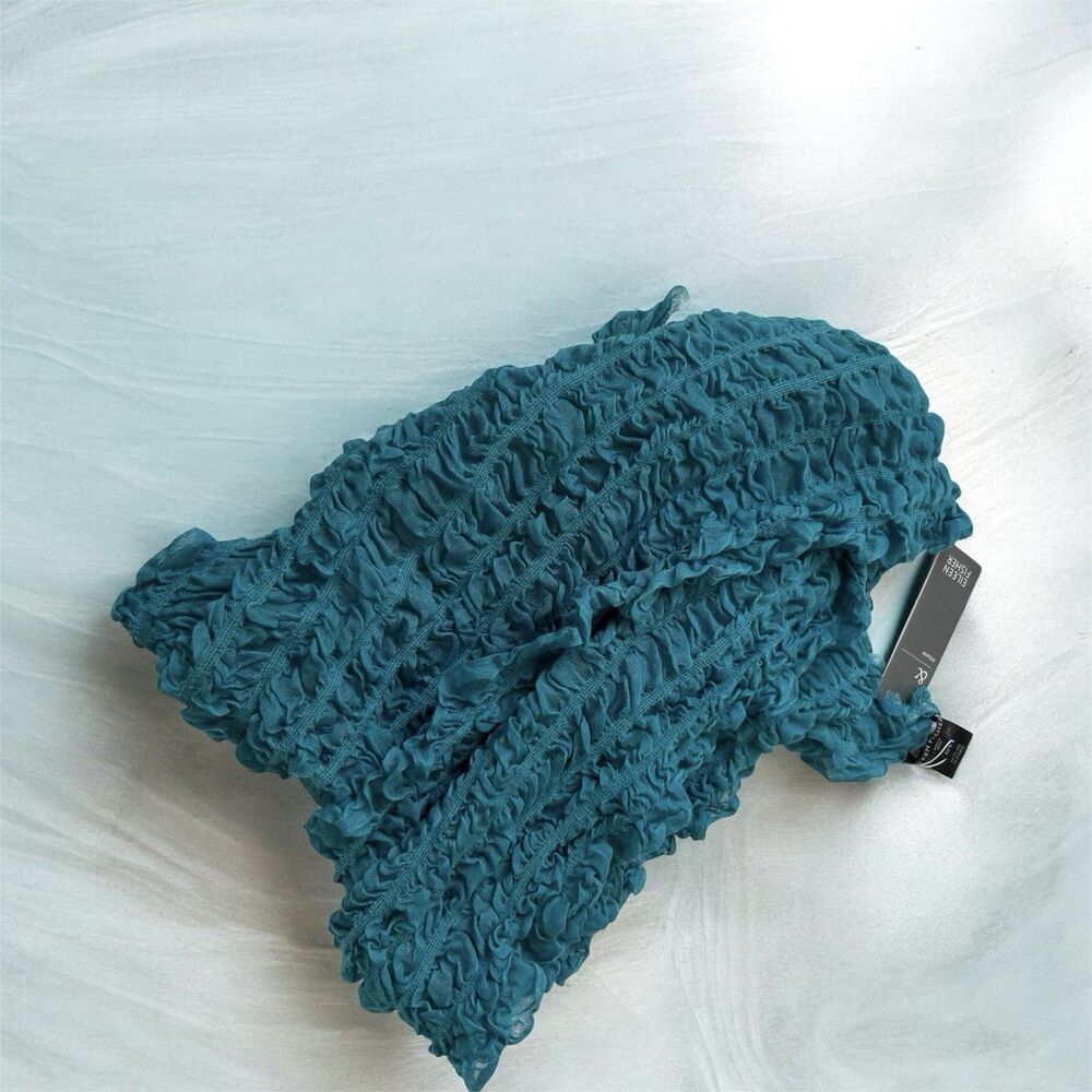 Eileen Fisher Teal Crinkled Ruched Scarf All Over Textured Ruffle Design Fall